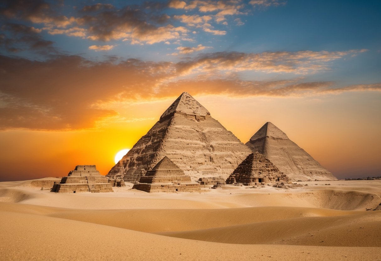 The sun sets behind the ancient Pyramids of Giza, casting a warm golden glow over the desert landscape. The massive stone structures stand tall against the colorful sky