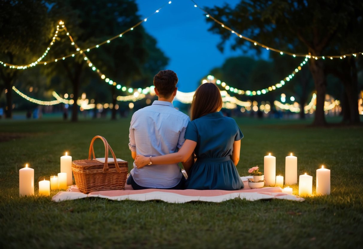 A couple sitting on a blanket in a park, surrounded by candles, fairy lights, and a picnic basket. They are gazing at the stars and holding hands