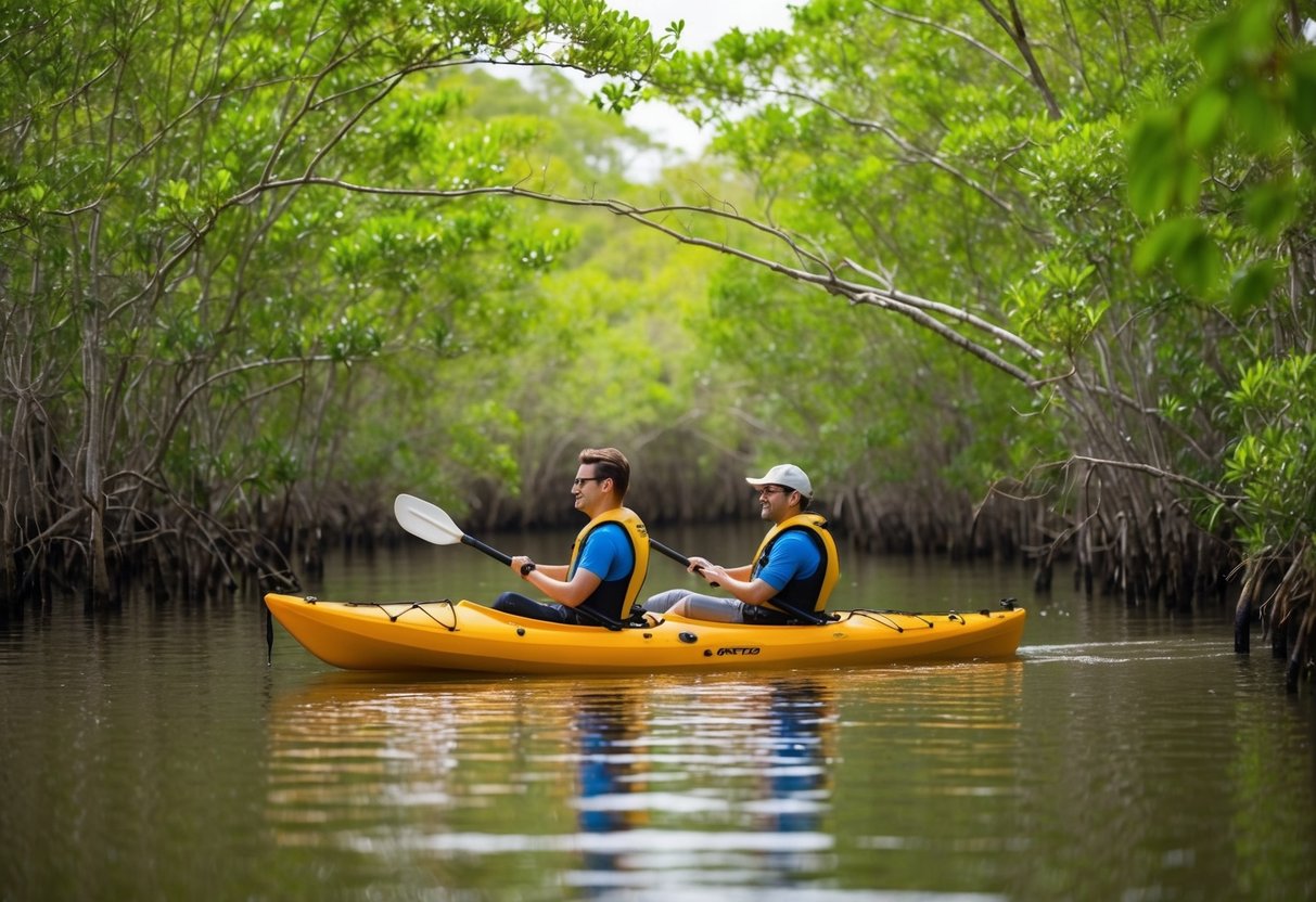 A couple kayaking through a serene mangrove forest, surrounded by lush greenery and wildlife