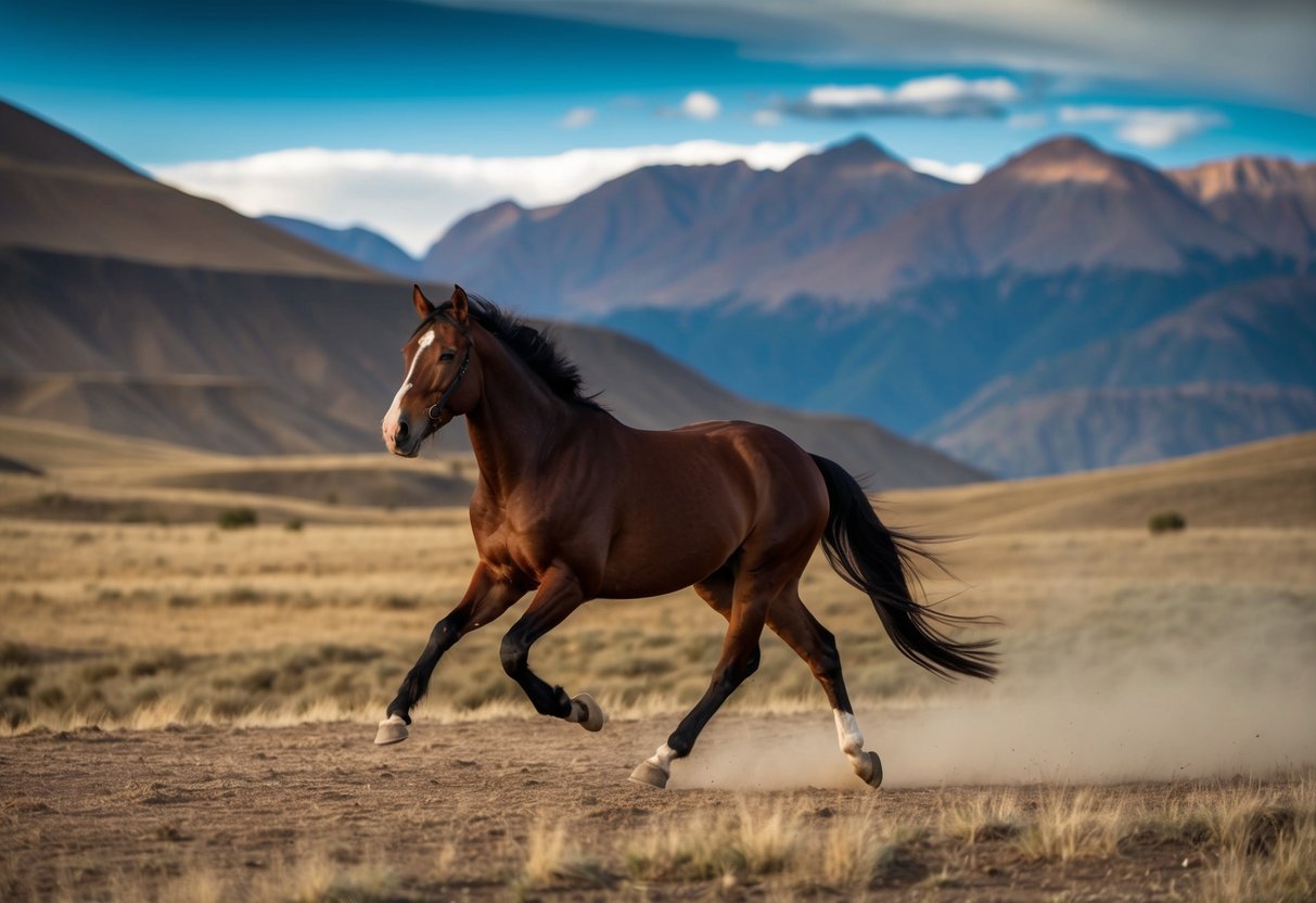 A lone horse gallops through Lesotho's rugged highlands, with dramatic mountains and rolling hills in the background