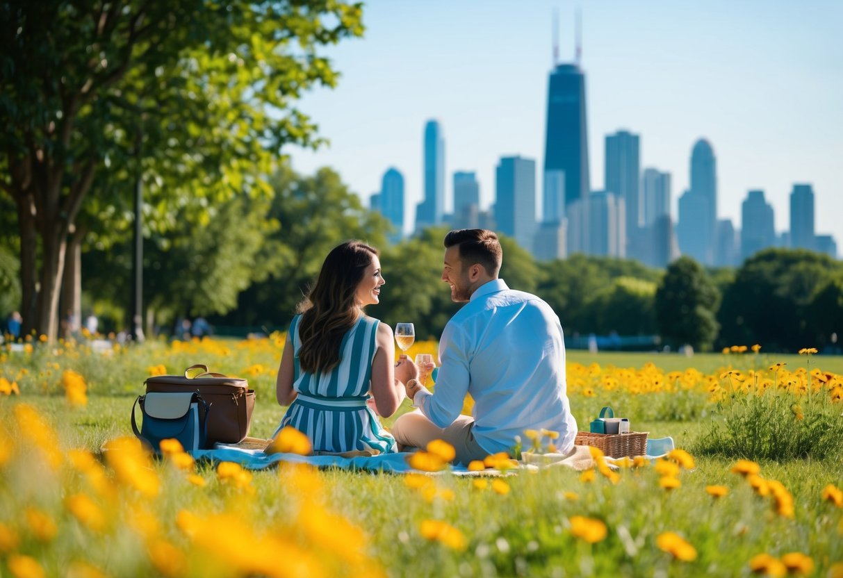 A couple picnicking in a sunny park, surrounded by wildflowers and a view of the city skyline in the distance