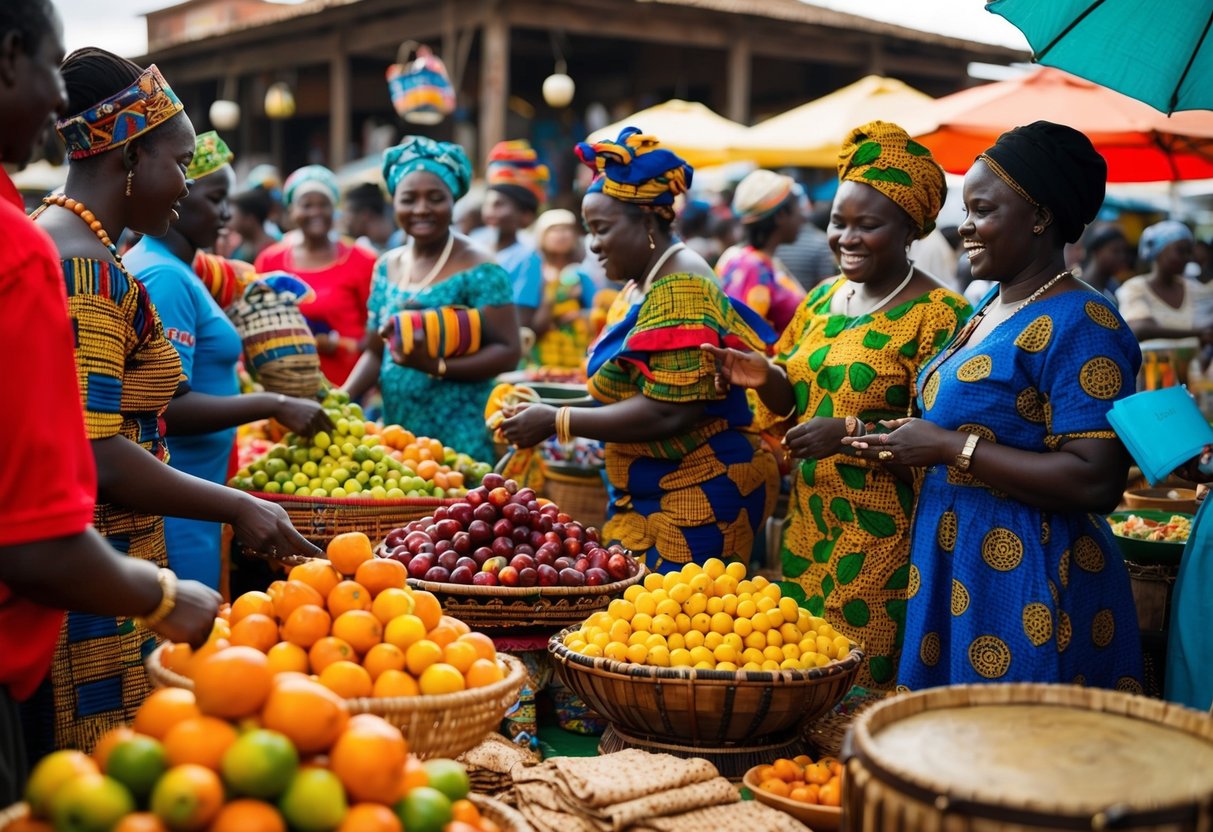 A traditional African market bustling with vendors selling colorful textiles, handmade crafts, and exotic fruits. Women in vibrant dresses haggle with customers while the sound of drums and laughter fills the air