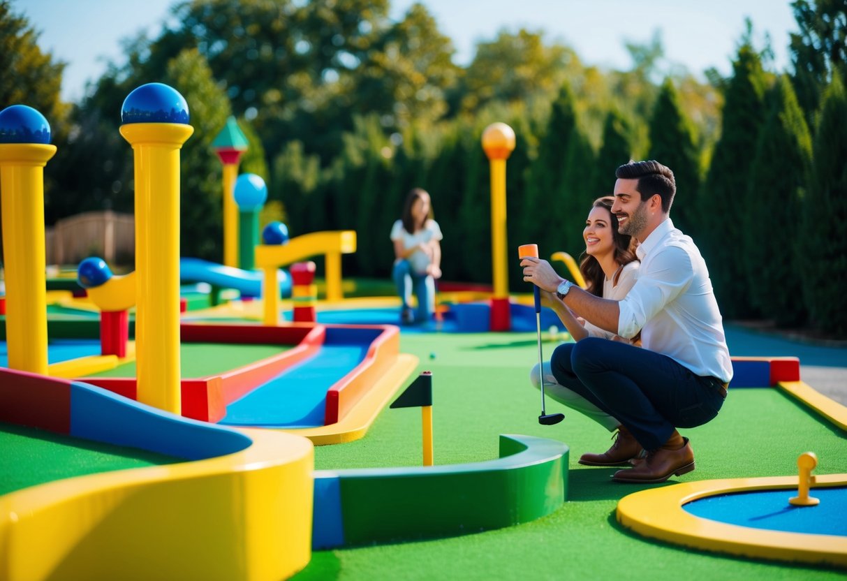 A colorful mini-golf course with whimsical obstacles and a couple enjoying a lighthearted game on a sunny afternoon