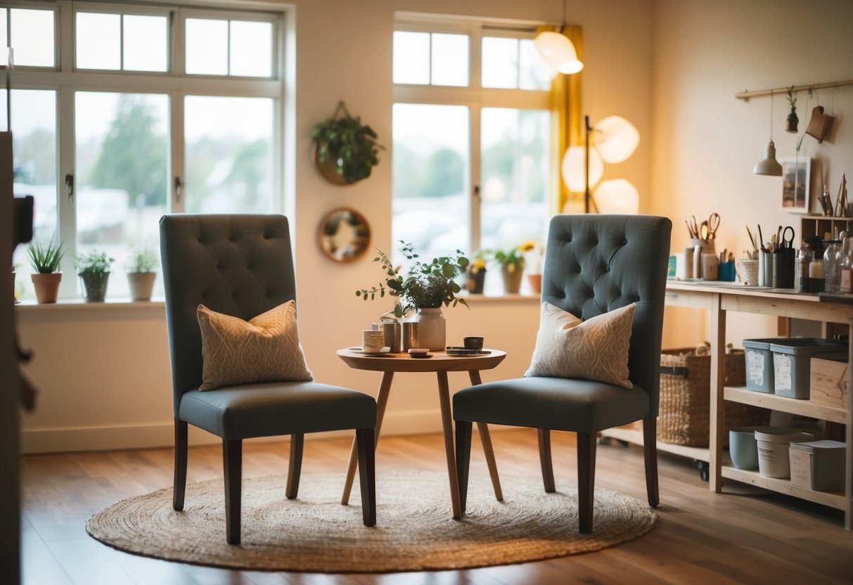 A cozy workshop setting with two chairs, a table, and art supplies arranged for an afternoon date. Soft lighting and warm colors create a relaxed atmosphere
