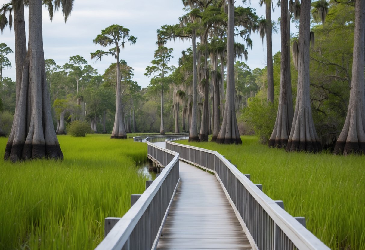 A serene boardwalk winds through a lush wetland, framed by towering cypress trees and vibrant greenery, with the sounds of wildlife echoing in the distance