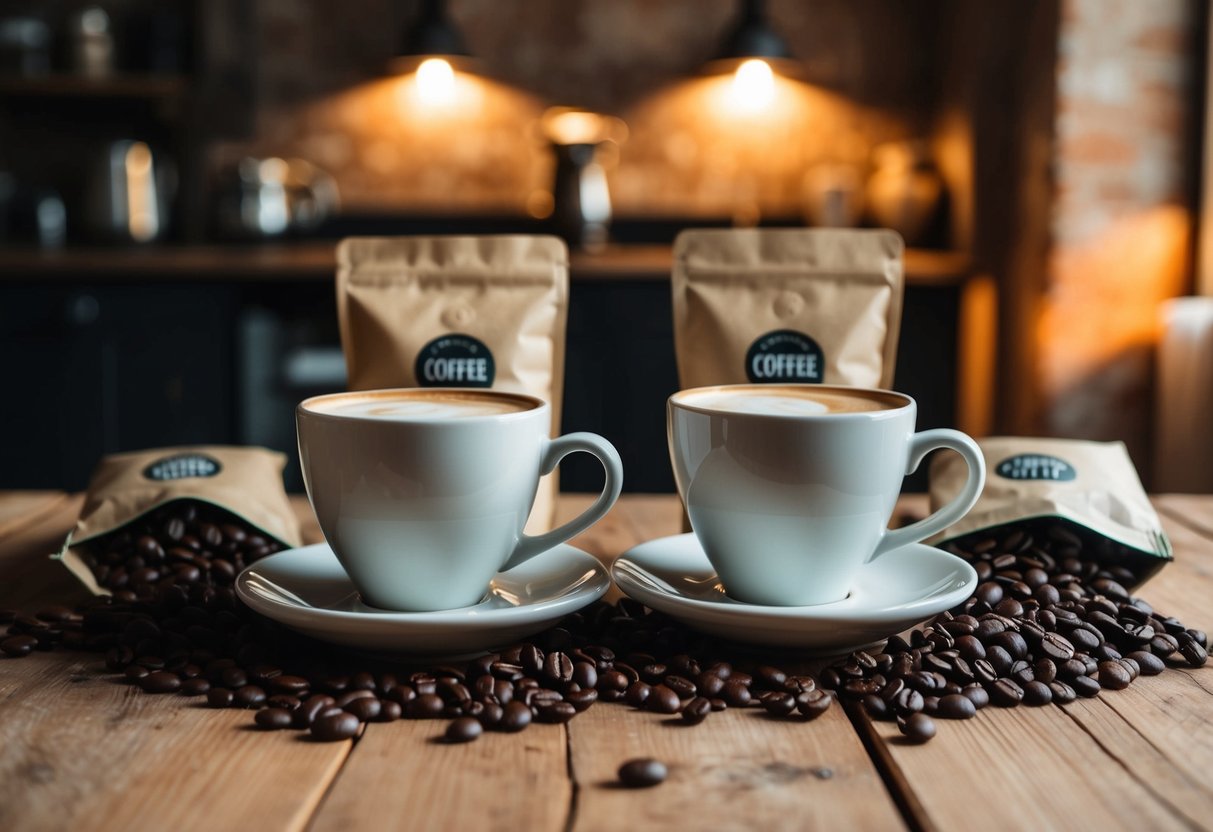 Two coffee cups on a wooden table, surrounded by bags of freshly roasted coffee beans and a rustic interior with warm lighting