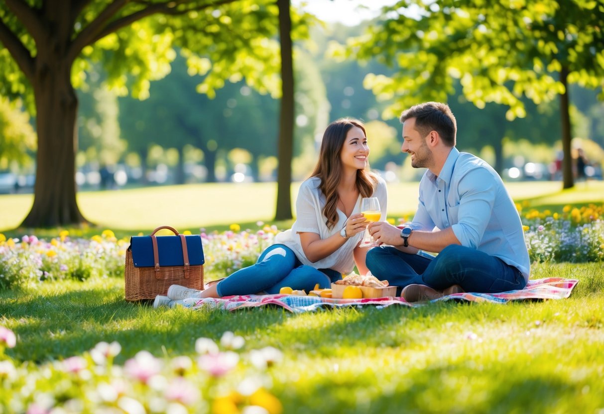 A couple picnicking in a sunny park, surrounded by trees and flowers, enjoying each other's company