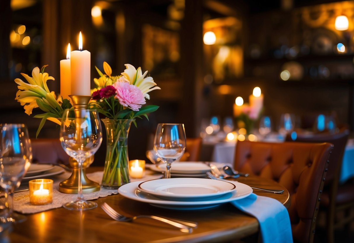 A cozy, candlelit table set with elegant dinnerware and a vase of fresh flowers at Frog Hollow Tavern