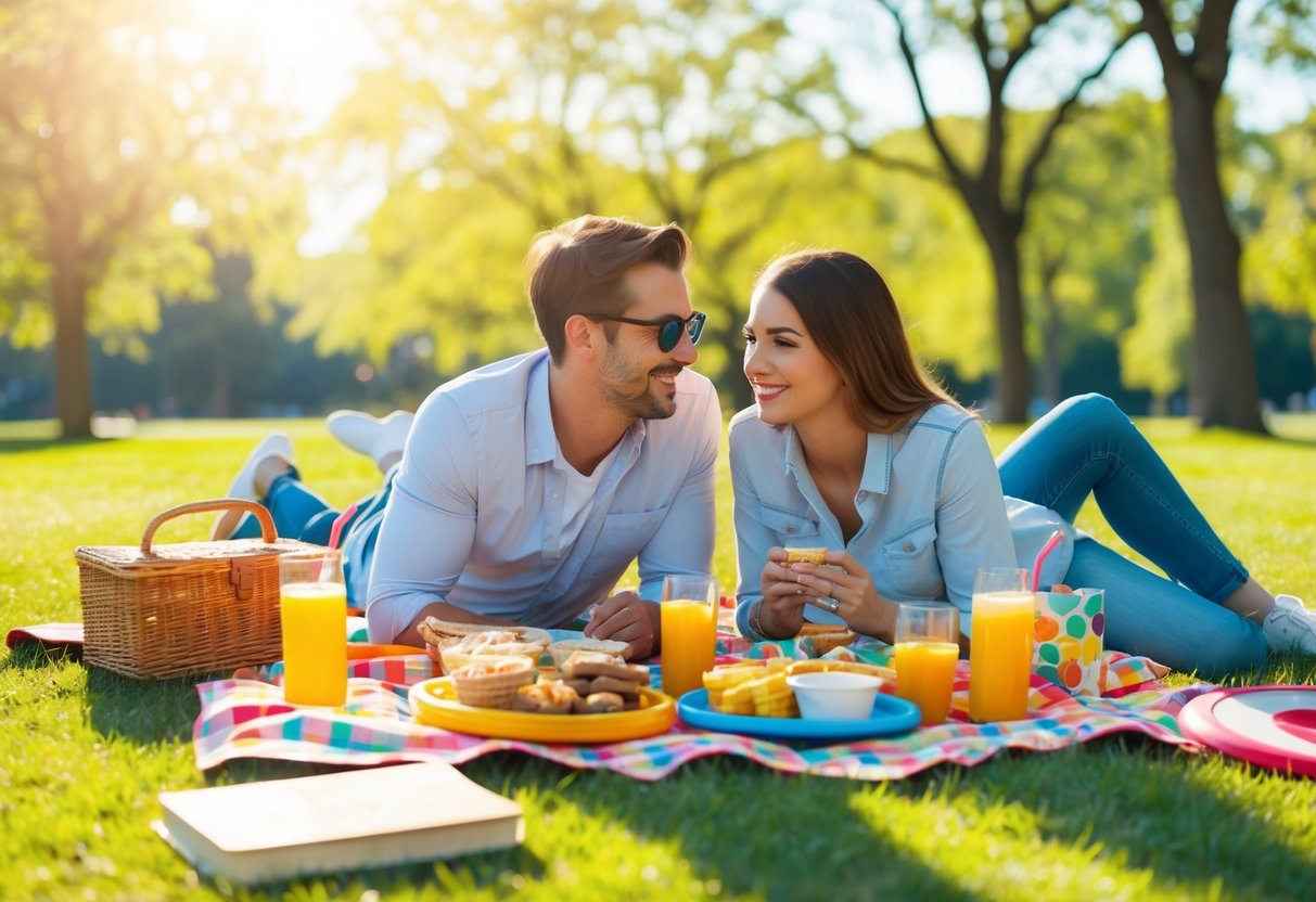 A couple picnicking in a sunny park, surrounded by a spread of snacks and drinks. A frisbee and a book lie nearby