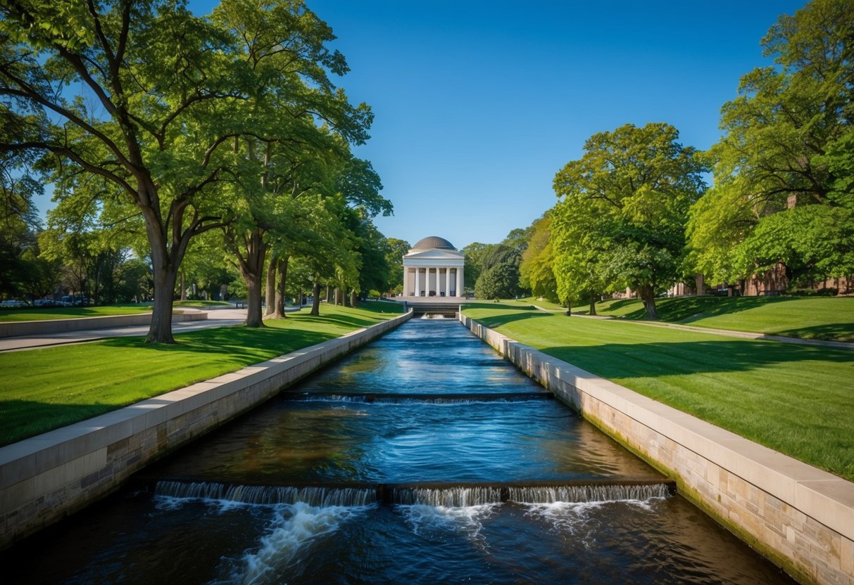 A serene landscape outside Morris Museum of Art, with a flowing river and lush trees, under a clear blue sky