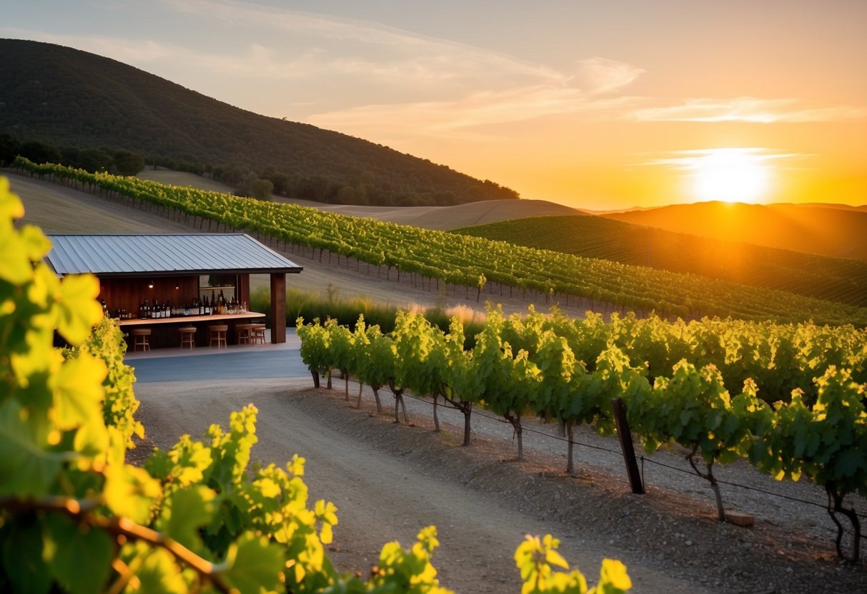 A cozy vineyard setting with rolling hills, a rustic tasting room, and rows of grapevines under the warm glow of the setting sun