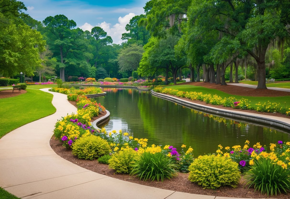 Lush greenery surrounds a tranquil pond, with colorful flowers blooming along winding pathways in Pendleton King Park, Augusta, GA