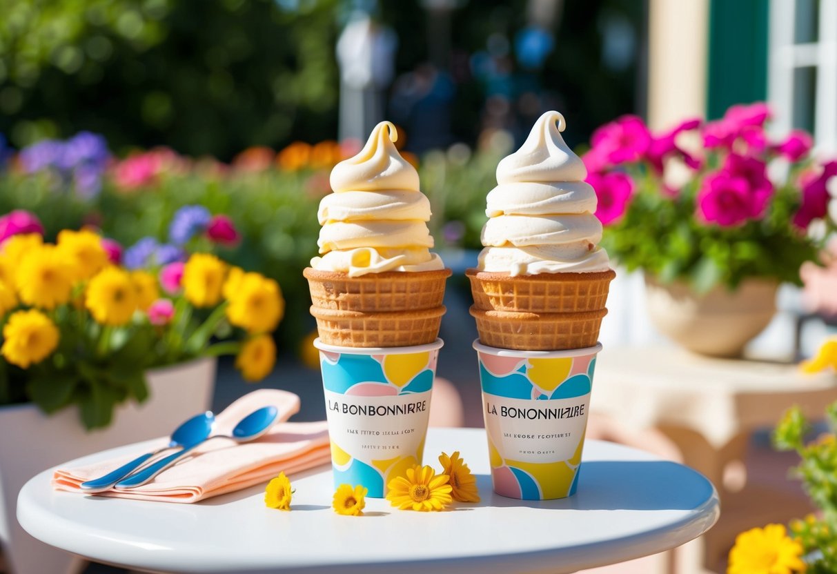 A sunny day at La Bonbonniere with two ice cream cones on a table, surrounded by colorful flowers and a charming outdoor setting