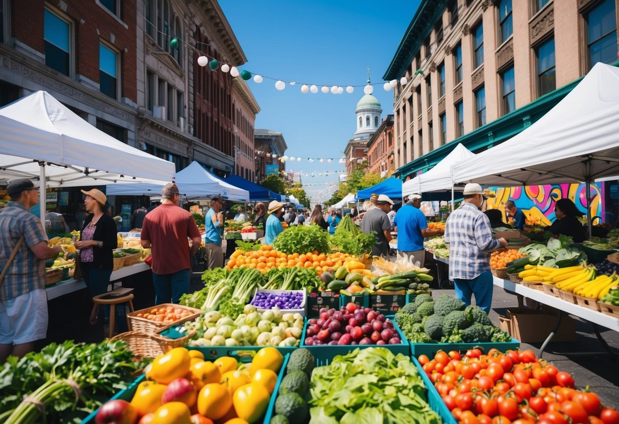 A bustling farmers market with colorful produce, local crafts, and live music, surrounded by historic buildings and vibrant street art