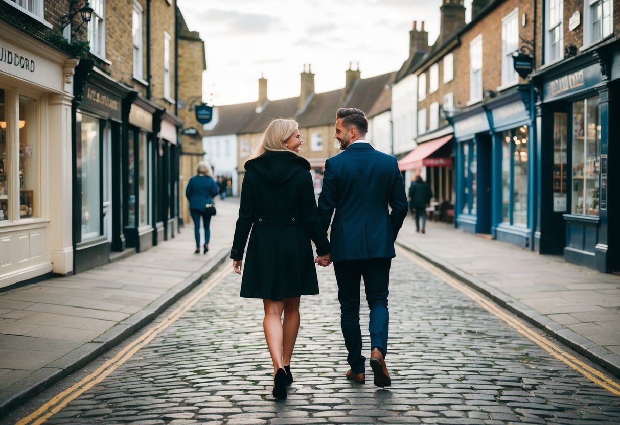 A couple strolling along the cobblestone streets of Guildford, passing by quaint shops and cafes with historic architecture in the background
