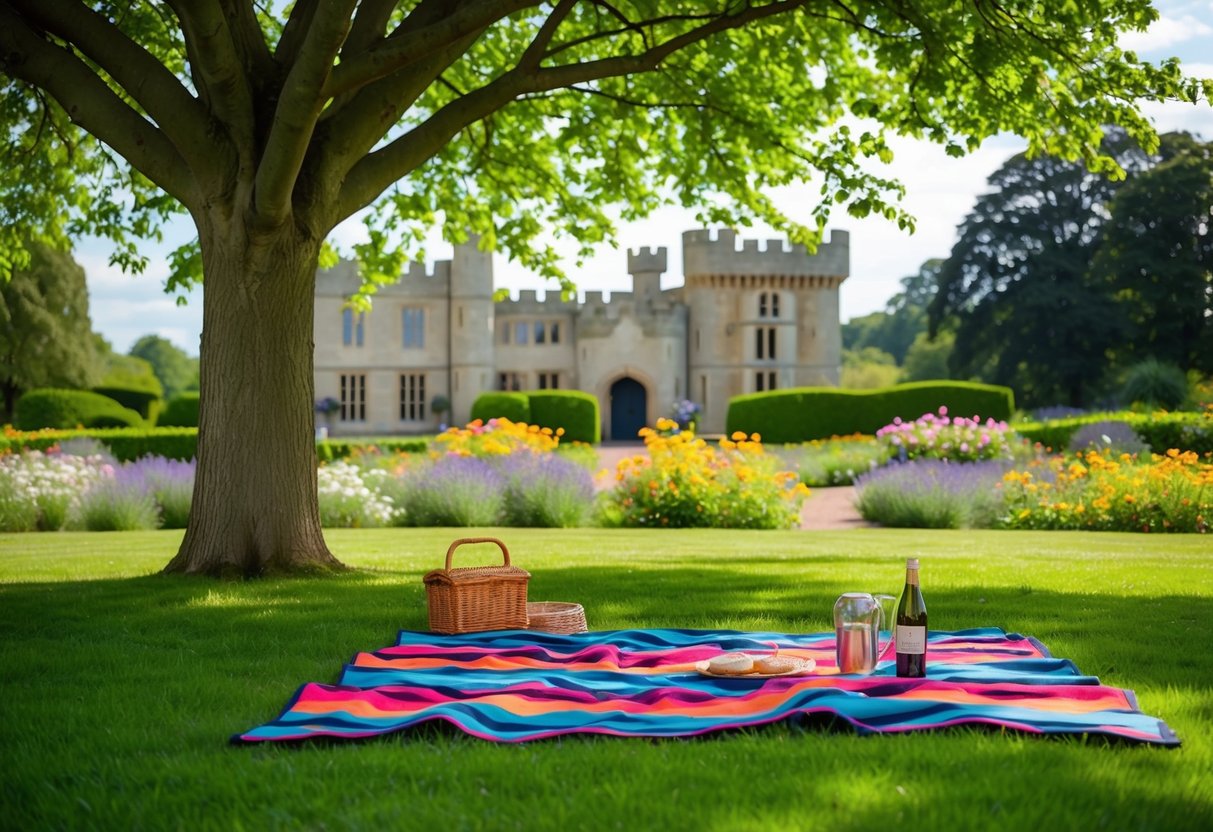 A colorful picnic blanket spread under a shady tree in the lush Guildford Castle grounds, surrounded by blooming flowers and a picturesque view