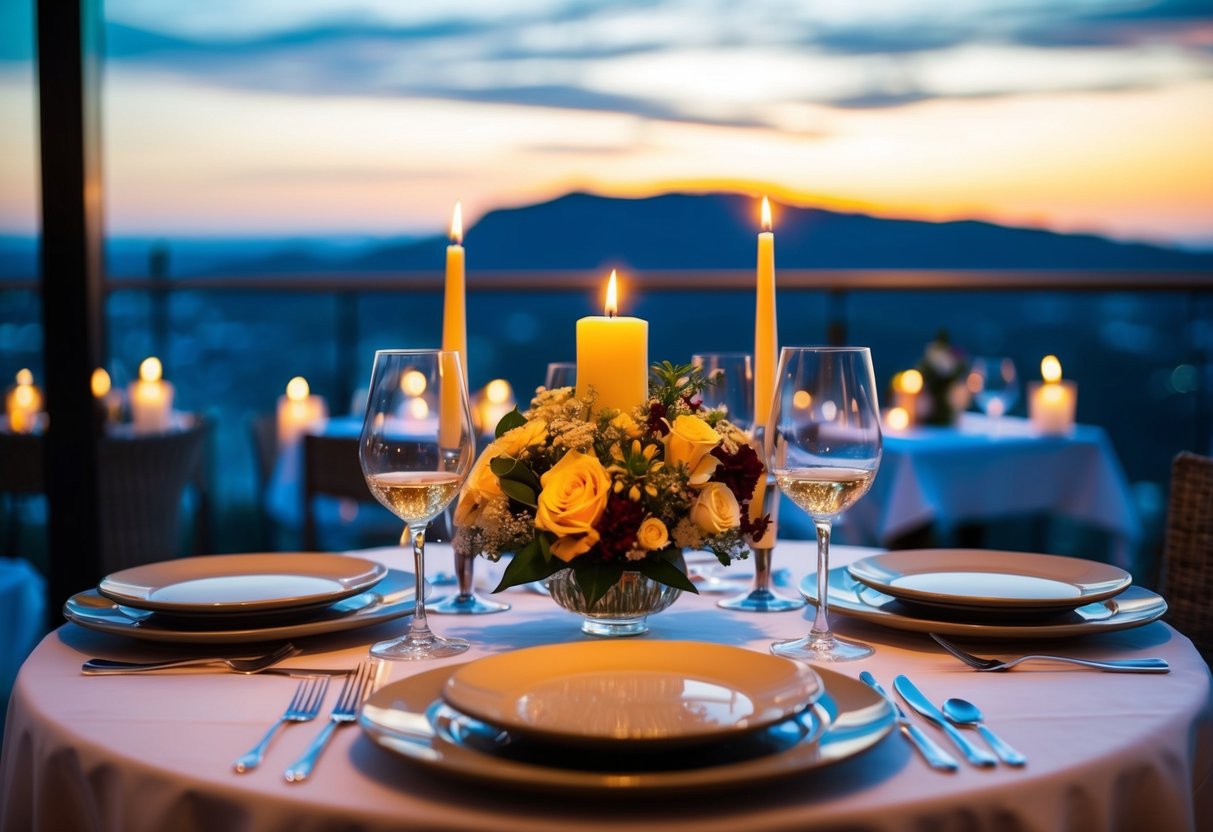 A candlelit table set with wine glasses and a bouquet of flowers at Olivo Restaurant