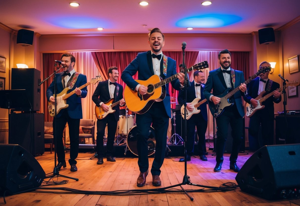 A lively band plays on stage at The Star Inn, filling the room with energetic music and creating a vibrant atmosphere