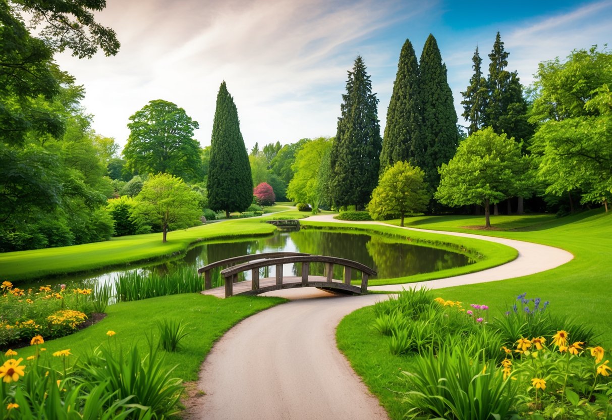 A winding path through lush greenery, with a tranquil pond and a rustic bridge, surrounded by tall trees and colorful flowers