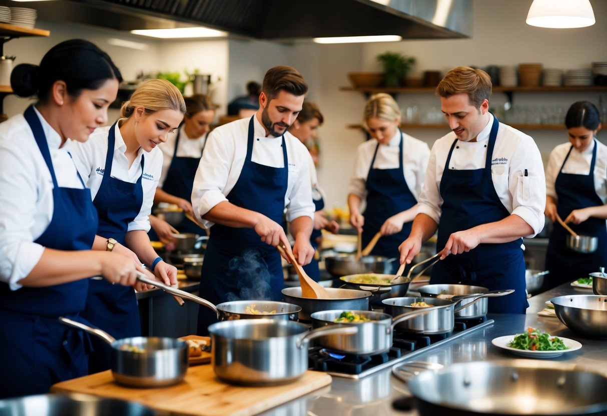 A bustling cooking class at The Abinger Cookery School, with pots and pans clattering, and the aroma of delicious food filling the air