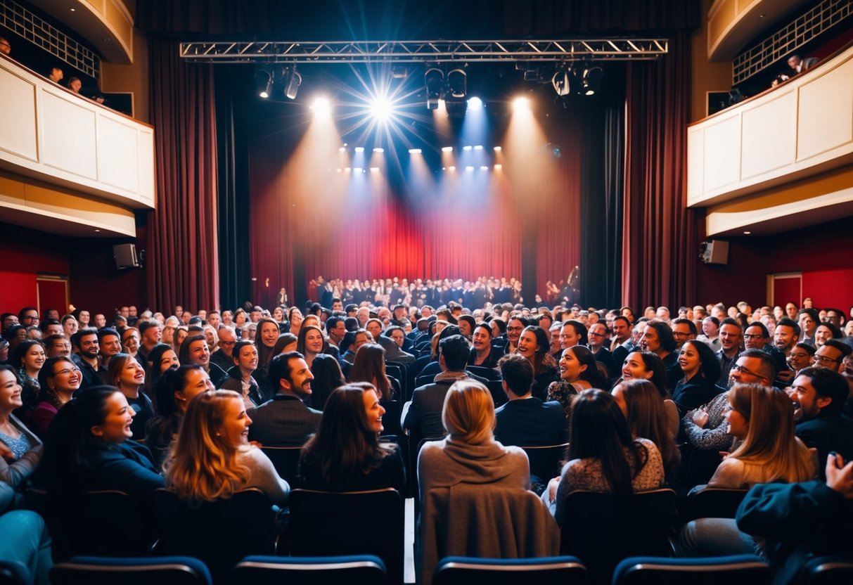 A crowded theater with a stage, spotlight, and audience laughing