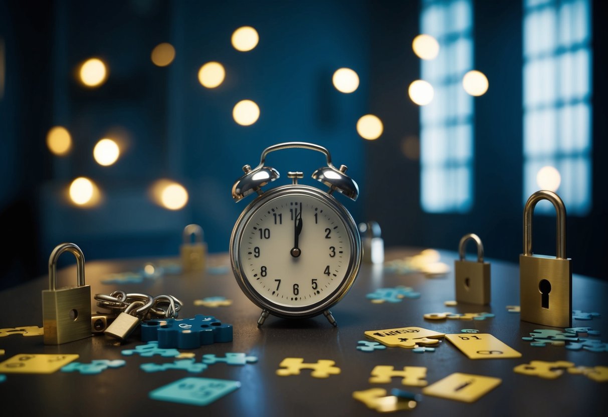 A dimly lit room with scattered clues, locks, and puzzles. A ticking timer adds tension to the atmosphere