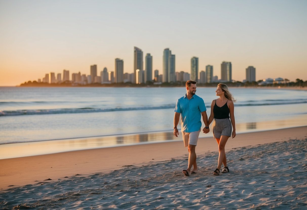 A couple strolling along the beach at sunset, with the iconic skyline of the Gold Coast in the background
