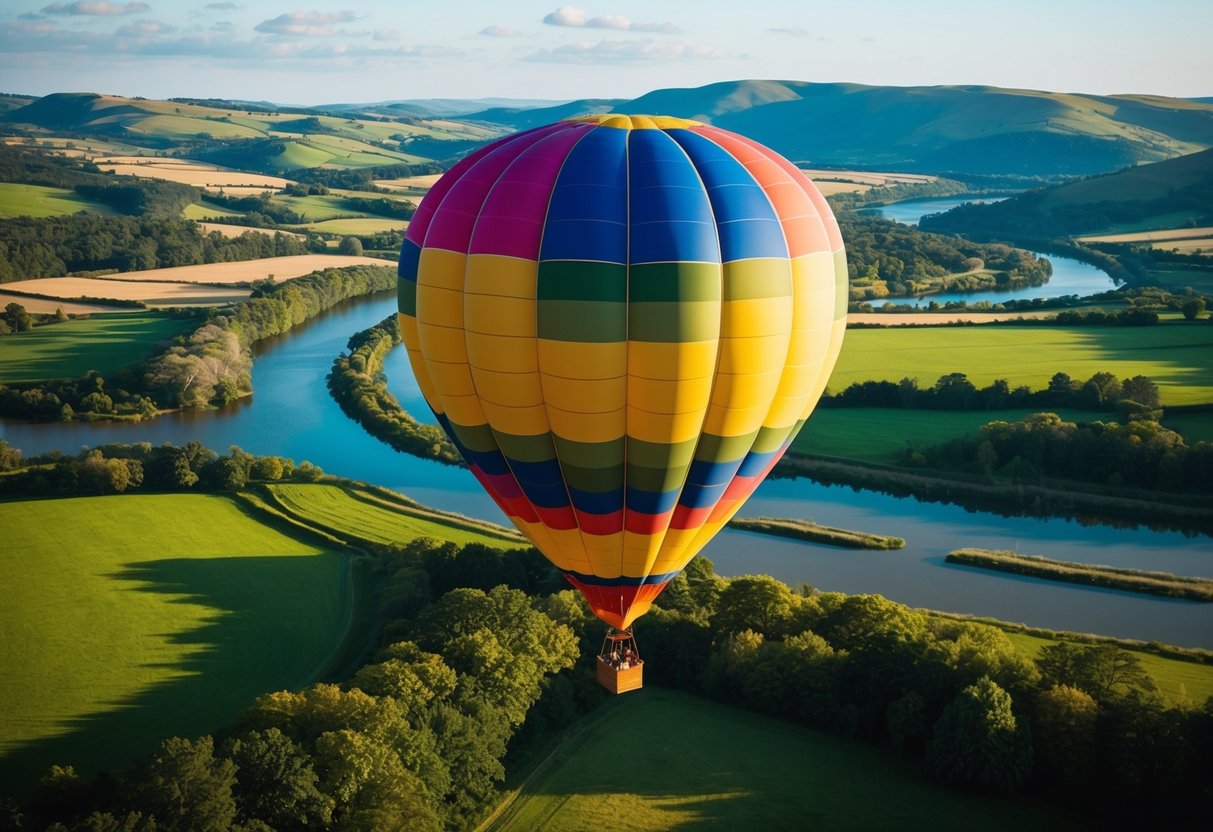 A colorful hot air balloon floats over lush green hinterland landscape with rolling hills and winding rivers