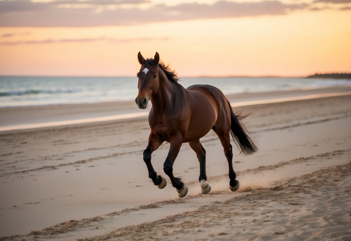 A horse galloping along the sandy shore of South Stradbroke Island, with the ocean in the background and the sun setting on the horizon