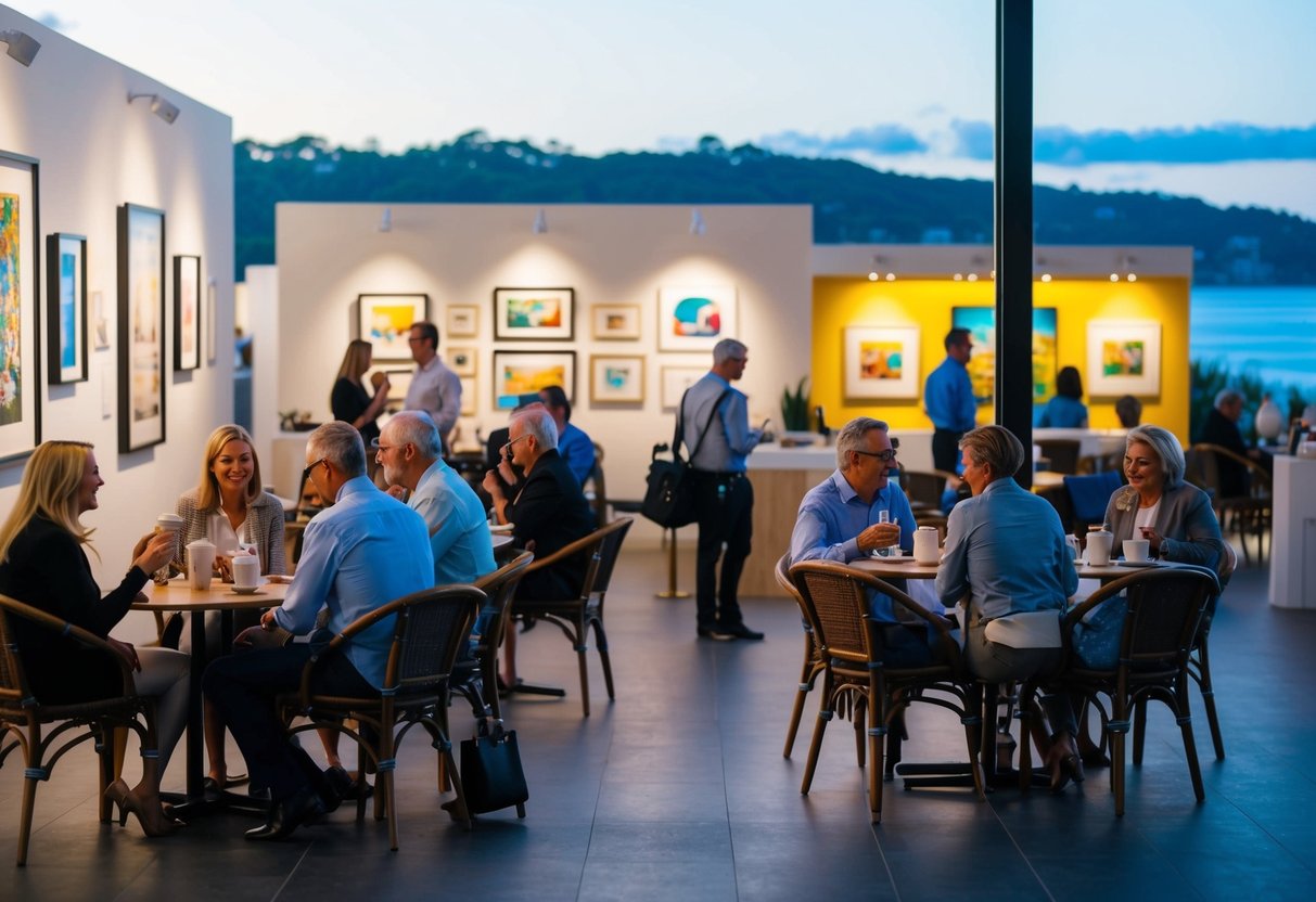 A bustling art gallery and cafe with patrons enjoying the vibrant displays and sipping coffee amidst the Gold Coast's scenic backdrop