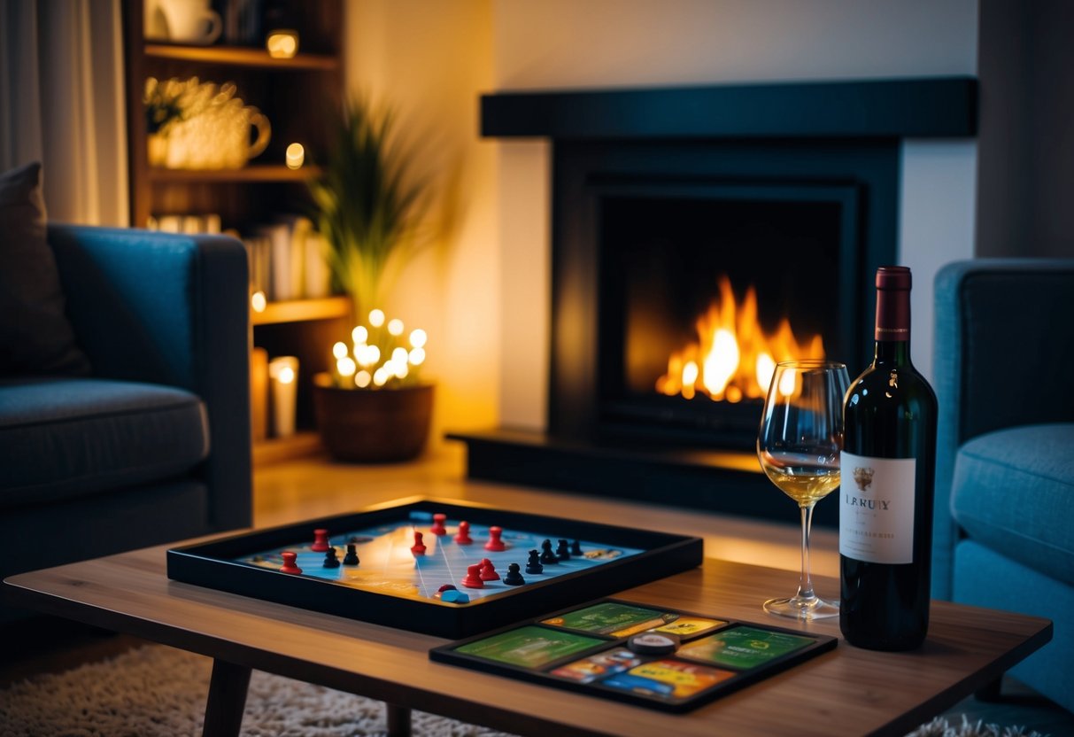 A cozy living room with dim lighting, a crackling fireplace, a board game set up on the coffee table, and a bottle of wine and two glasses ready for a romantic evening at home