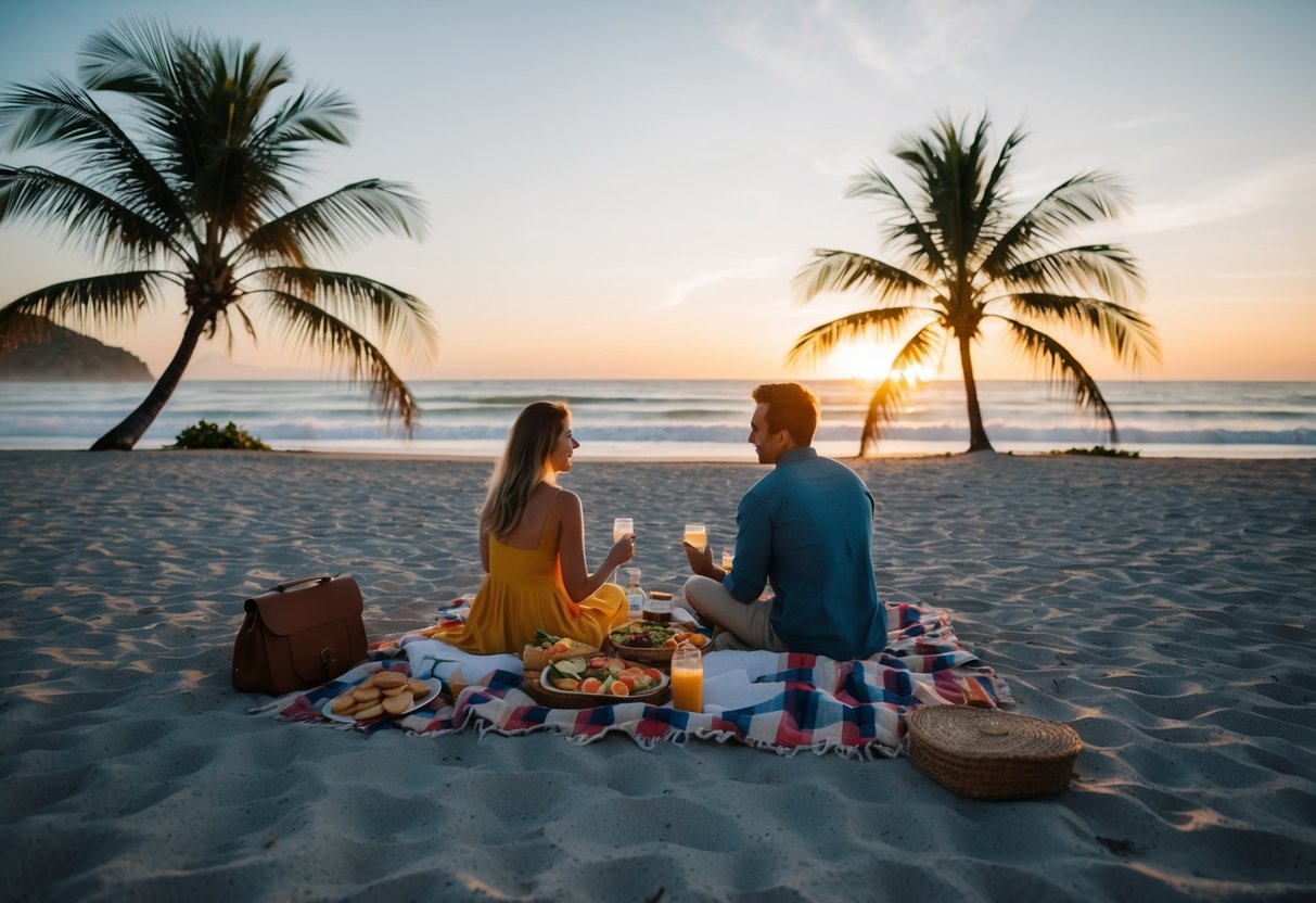 A couple picnicking on a secluded beach at sunset, with a spread of food and drinks laid out on a blanket, surrounded by palm trees and the sound of waves crashing