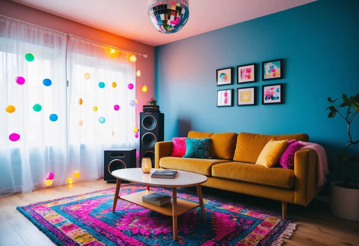 A colorful living room with a cozy couch and vibrant rug, a speaker playing upbeat music, and a disco ball casting colorful lights around the room