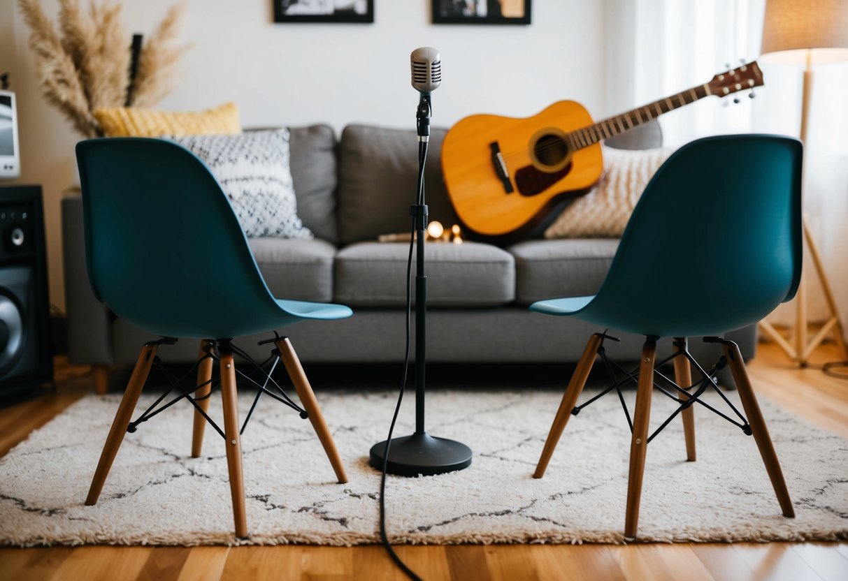 A cozy living room with a guitar, microphone, and a couple of silly props scattered around. Two chairs facing each other, ready for a silly song performance