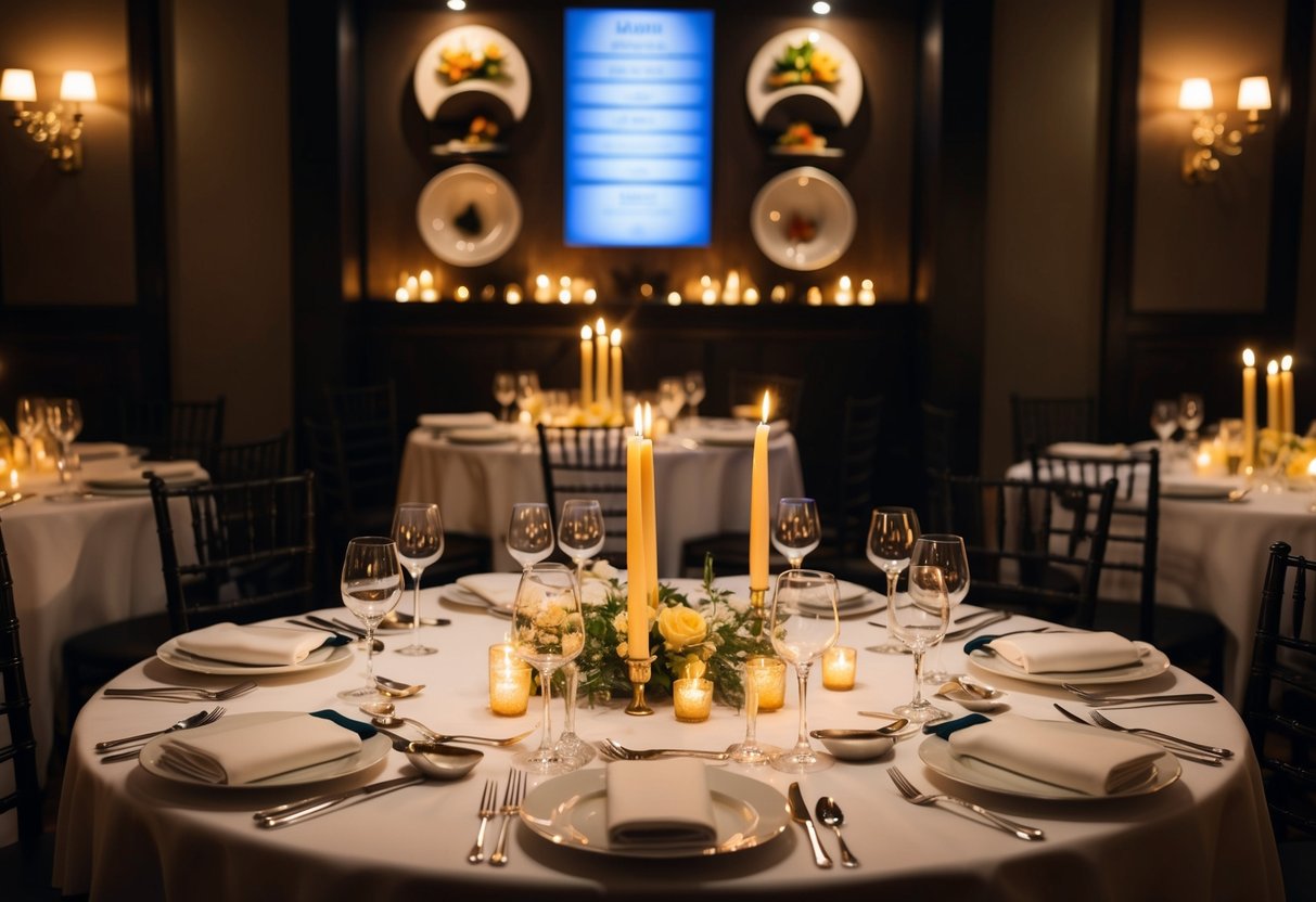 A candlelit table with elegant place settings, surrounded by dim lighting and soft music, with a menu of themed dishes displayed on the wall