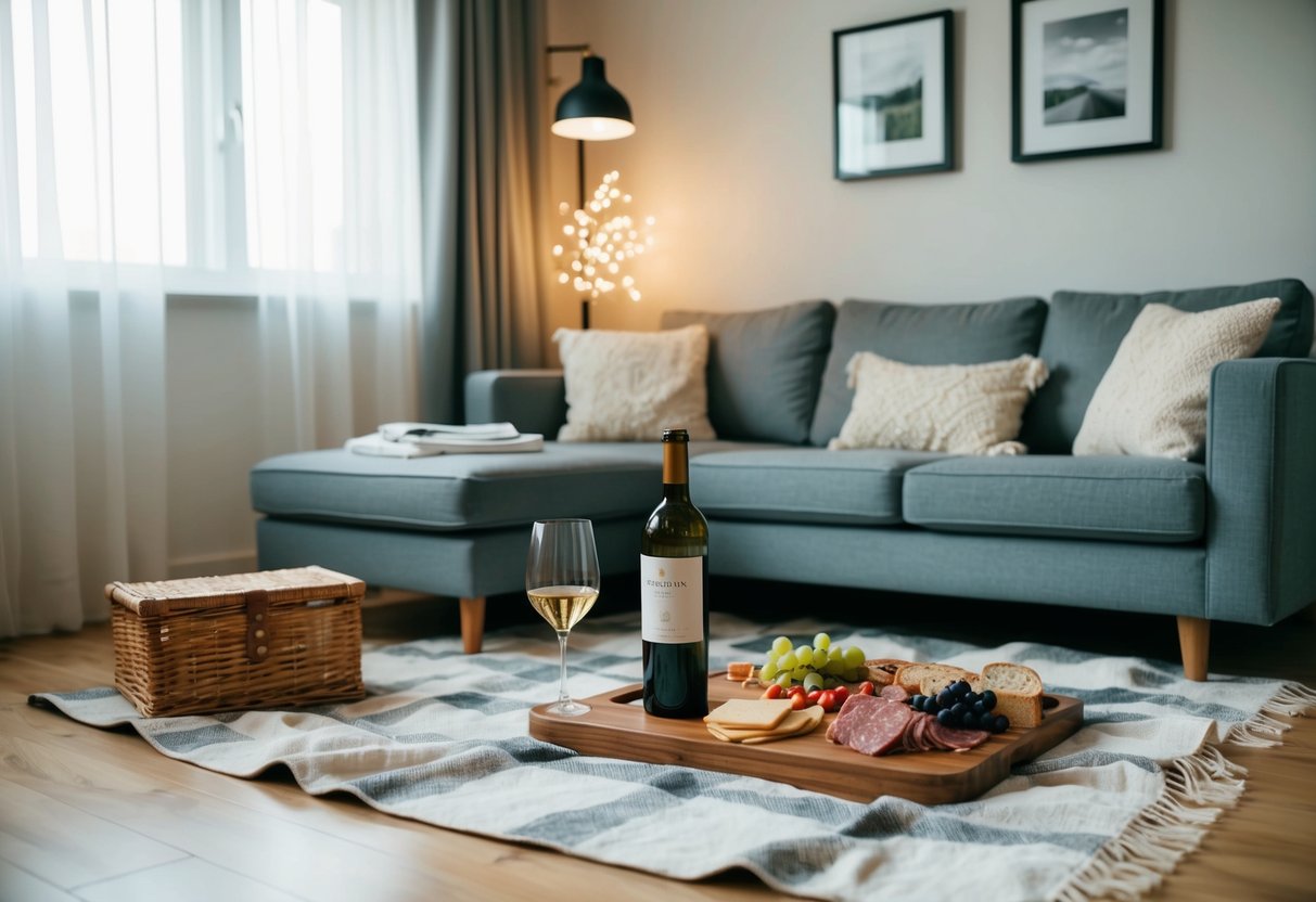 A cozy living room with soft lighting, a picnic blanket spread out on the floor, a bottle of wine, and a homemade charcuterie board