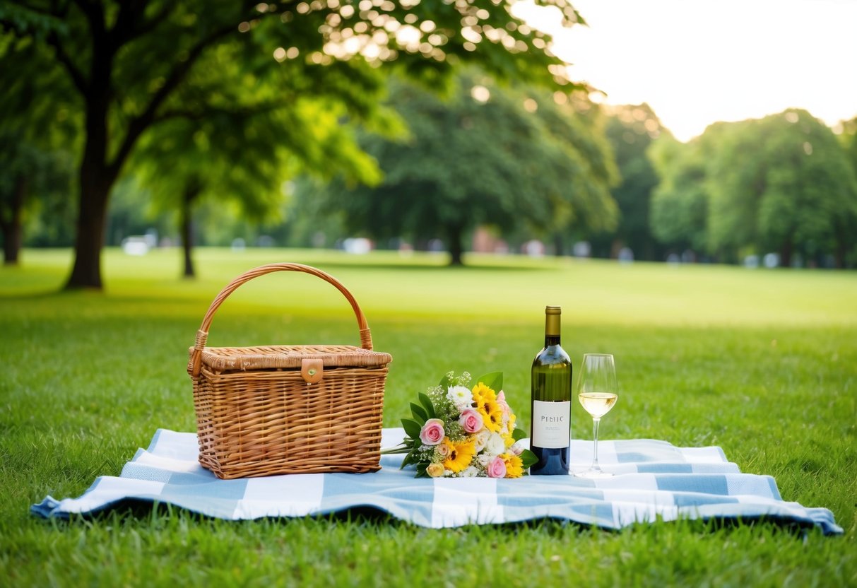 A picnic blanket laid out with a wicker basket, a bottle of wine, and a bouquet of flowers, surrounded by a lush green park