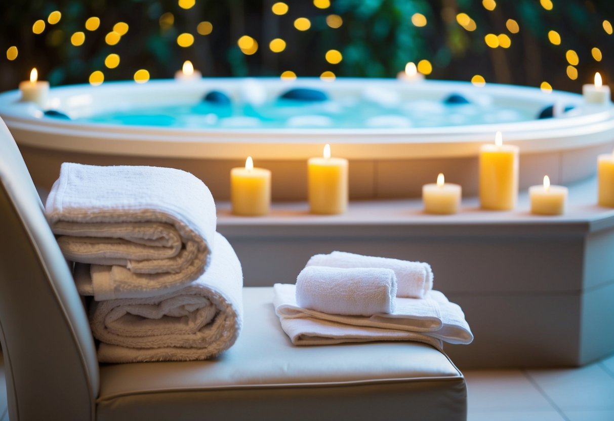 A serene spa setting with a bubbling hot tub, fluffy towels, and soothing candles. A plush robe and slippers are neatly arranged on a chair