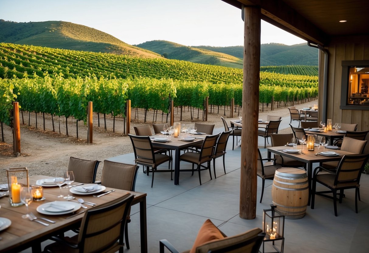 A rustic winery with rolling vineyards, a cozy tasting room, and a serene outdoor patio set for a romantic date