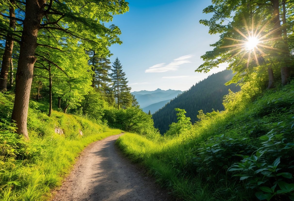 A winding trail through lush forest, with sunlight streaming through the trees and a picturesque view of mountains in the distance