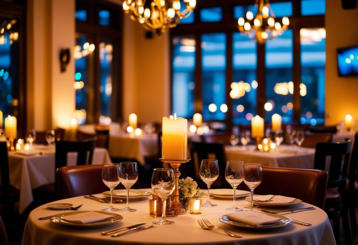 A cozy, candlelit restaurant with a warm, inviting ambiance. Tables set with elegant place settings and a menu filled with enticing dishes