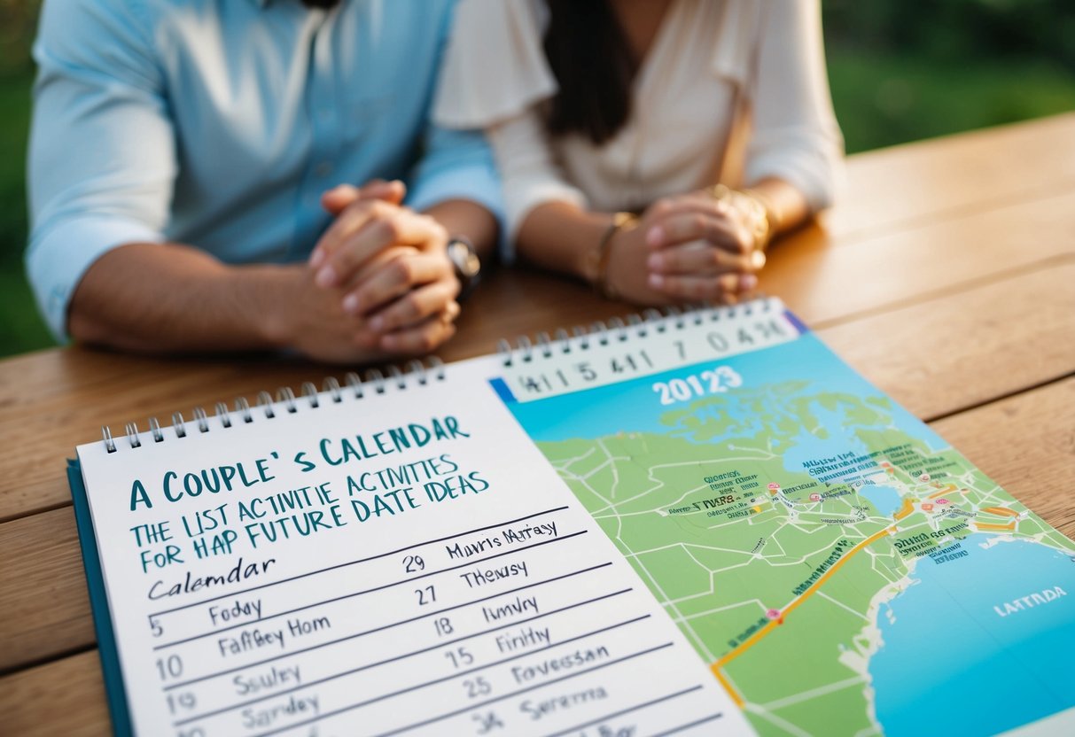 A couple's calendar with marked dates, a list of potential activities, and a map with highlighted locations for future date ideas
