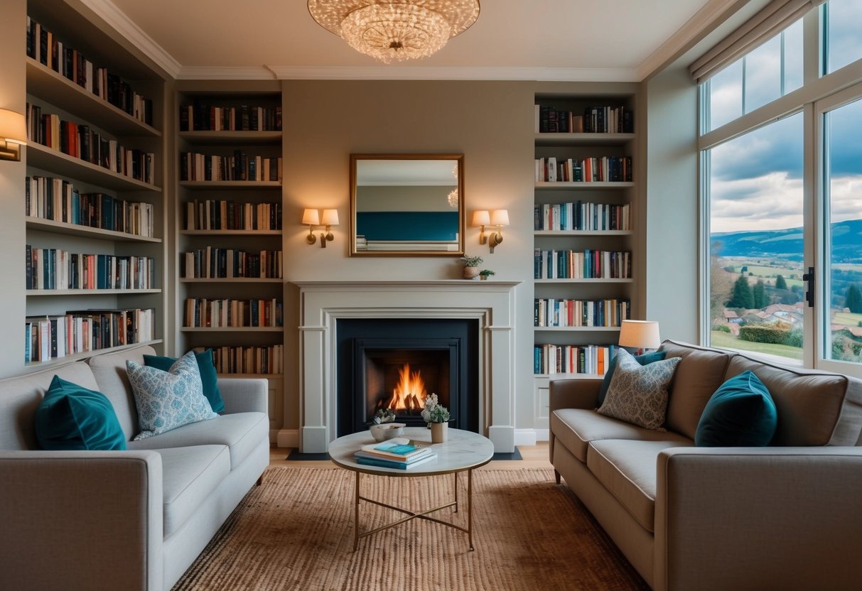 A cozy living room with a fireplace and a table set for two, surrounded by shelves filled with books and a window looking out onto a picturesque view