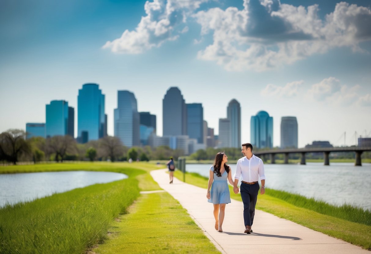 A couple strolling along the picturesque banks of Buffalo Bayou Park, with the Houston skyline in the background