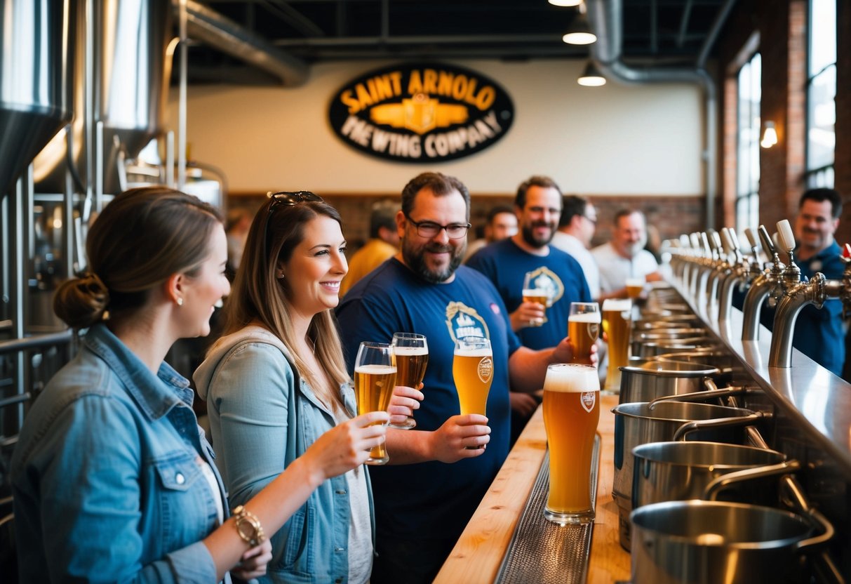 A bustling brewery tour at Saint Arnold Brewing Company, with visitors sampling beers and learning about the brewing process