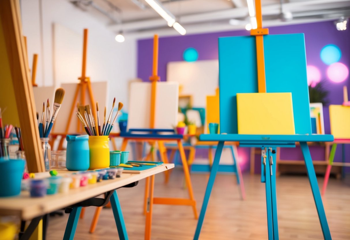 A colorful studio filled with easels, paintbrushes, and canvases. Soft lighting and a relaxed atmosphere set the stage for a fun and creative date night