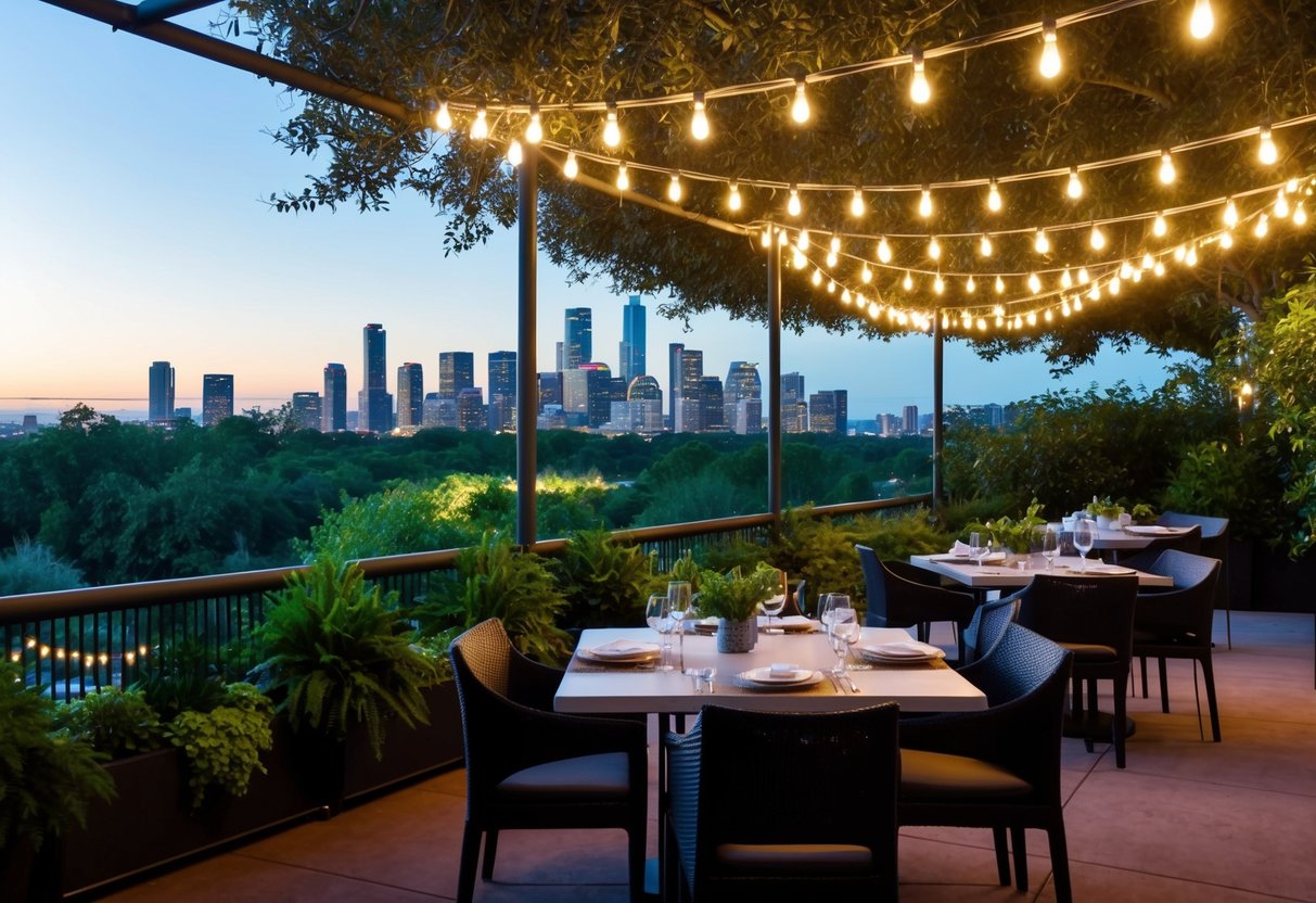 A cozy outdoor dining area at The Grove, with string lights, lush greenery, and a view of the city skyline