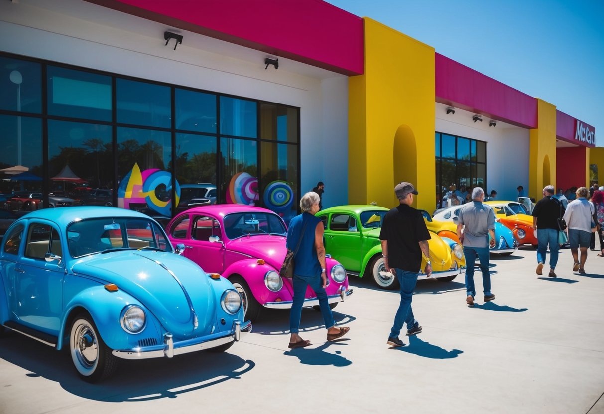 Colorful ArtCar Museum exterior with vibrant, whimsical cars. Sunny day, clear blue sky. Visitors walking, admiring the unique, creative displays