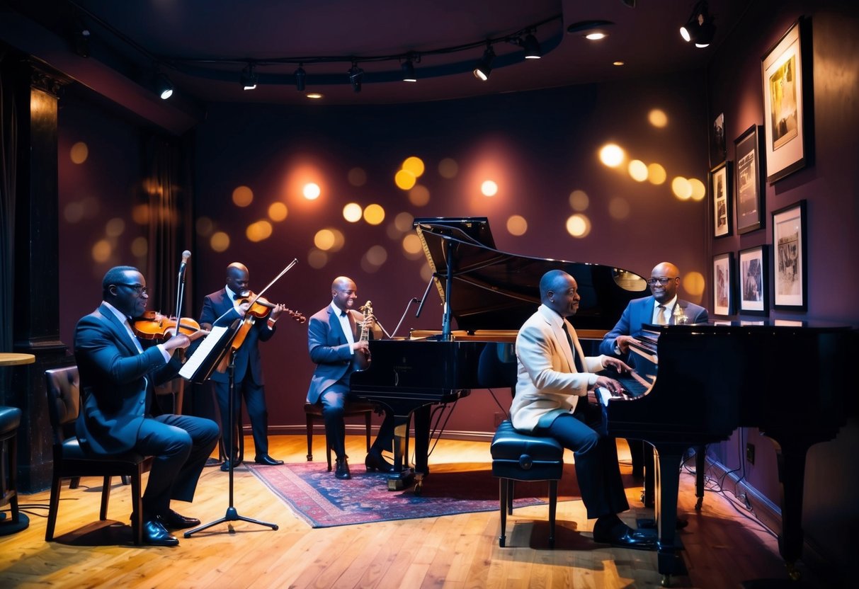 A dimly lit jazz club with a cozy stage, a grand piano, and a trio of musicians playing soulful music