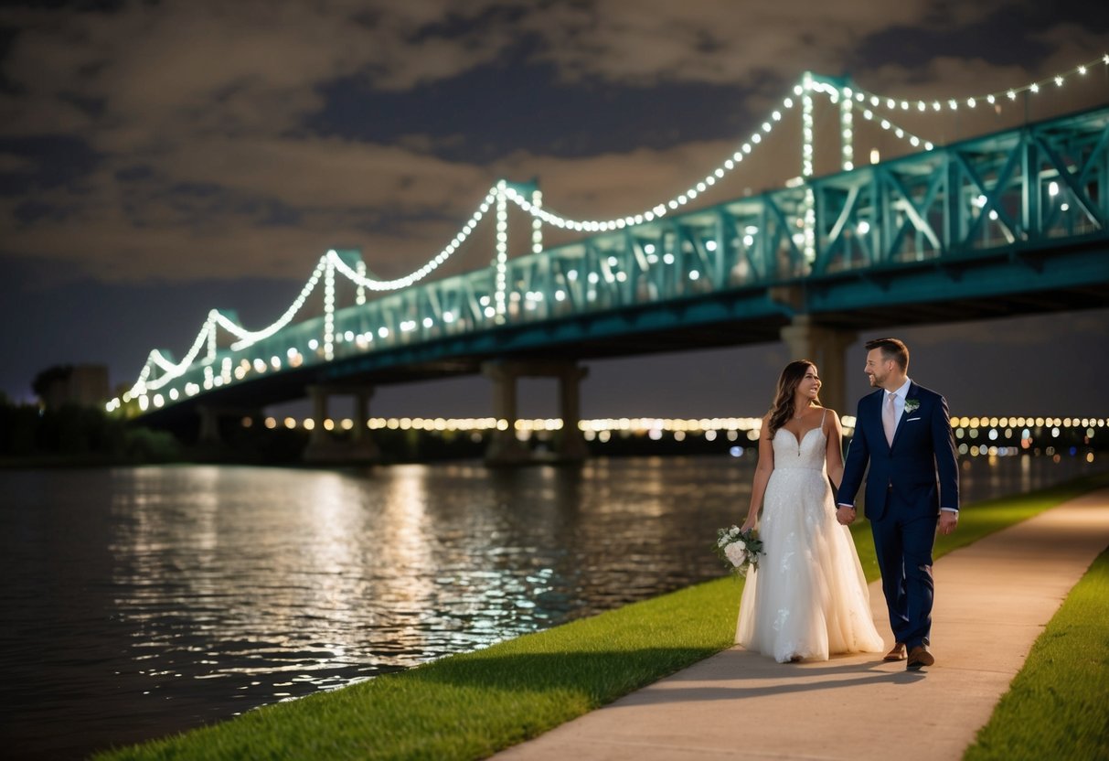 A couple strolling along the moonlit Buffalo Bayou, passing under the twinkling lights of the Waugh Drive Bridge